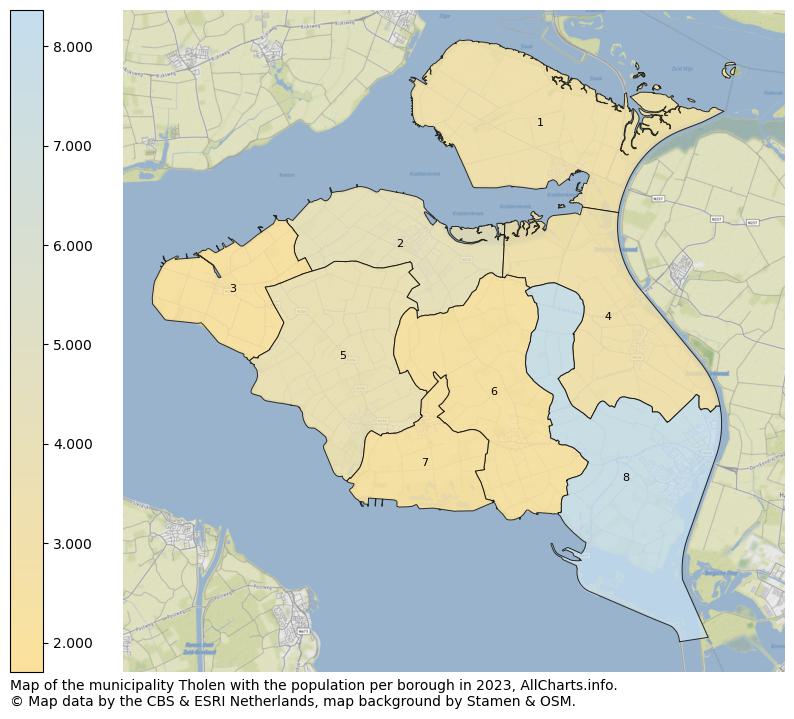 Map of the municipality Tholen with the population per borough in 2023. This page shows a lot of information about residents (such as the distribution by age groups, family composition, gender, native or Dutch with an immigration background, ...), homes (numbers, types, price development, use, type of property, ...) and more (car ownership, energy consumption, ...) based on open data from the Dutch Central Bureau of Statistics and various other sources!