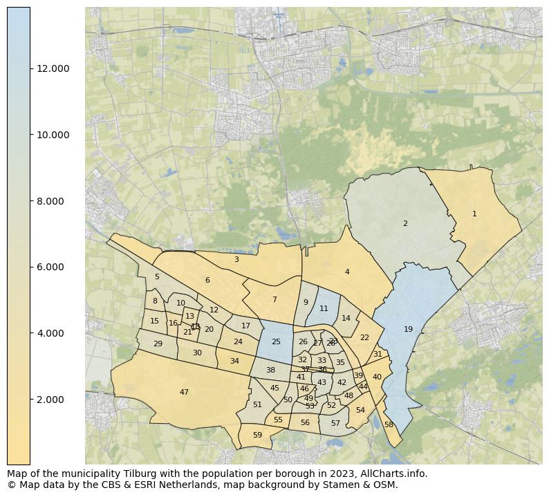 Map of the municipality Tilburg with the population per borough in 2023. This page shows a lot of information about residents (such as the distribution by age groups, family composition, gender, native or Dutch with an immigration background, ...), homes (numbers, types, price development, use, type of property, ...) and more (car ownership, energy consumption, ...) based on open data from the Dutch Central Bureau of Statistics and various other sources!