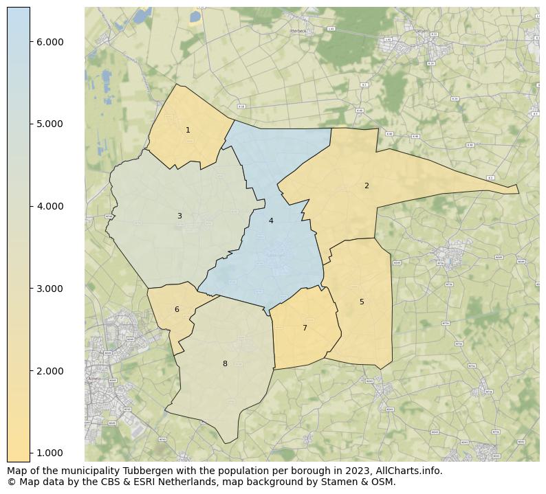 Map of the municipality Tubbergen with the population per borough in 2023. This page shows a lot of information about residents (such as the distribution by age groups, family composition, gender, native or Dutch with an immigration background, ...), homes (numbers, types, price development, use, type of property, ...) and more (car ownership, energy consumption, ...) based on open data from the Dutch Central Bureau of Statistics and various other sources!