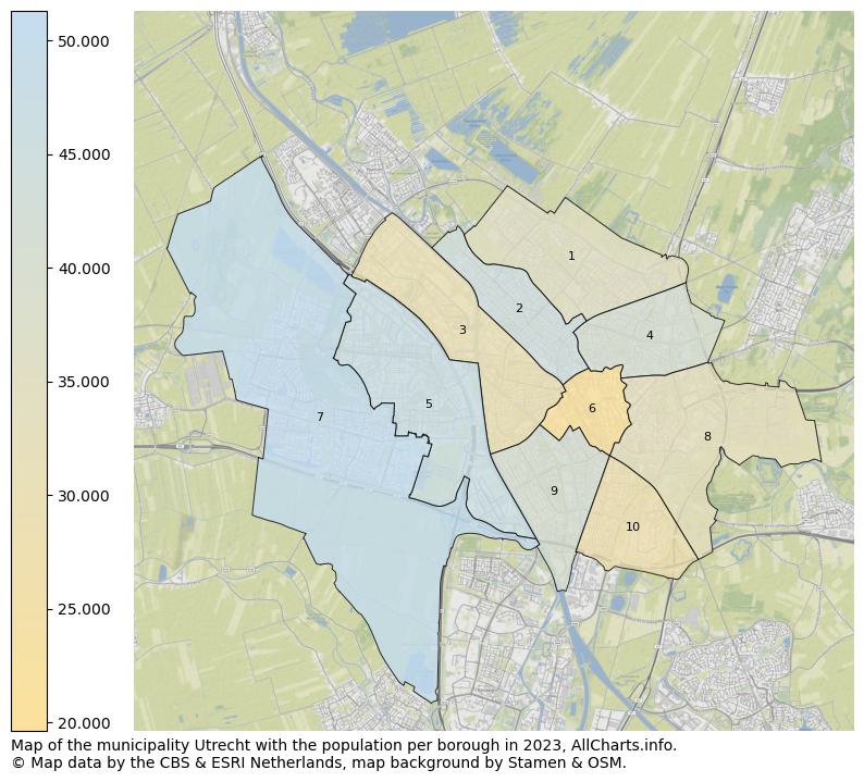 Map of the municipality Utrecht with the population per borough in 2023. This page shows a lot of information about residents (such as the distribution by age groups, family composition, gender, native or Dutch with an immigration background, ...), homes (numbers, types, price development, use, type of property, ...) and more (car ownership, energy consumption, ...) based on open data from the Dutch Central Bureau of Statistics and various other sources!