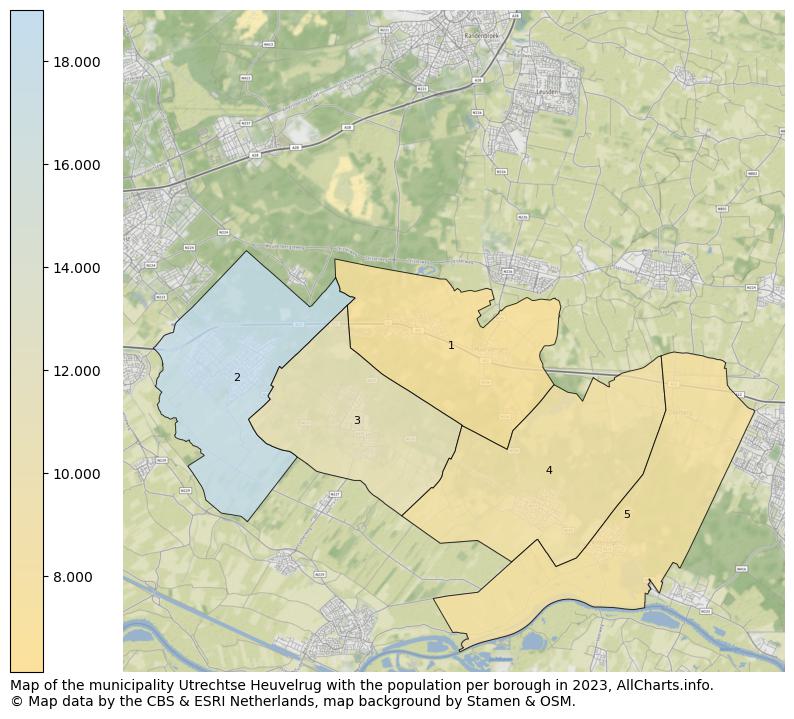 Map of the municipality Utrechtse Heuvelrug with the population per borough in 2023. This page shows a lot of information about residents (such as the distribution by age groups, family composition, gender, native or Dutch with an immigration background, ...), homes (numbers, types, price development, use, type of property, ...) and more (car ownership, energy consumption, ...) based on open data from the Dutch Central Bureau of Statistics and various other sources!