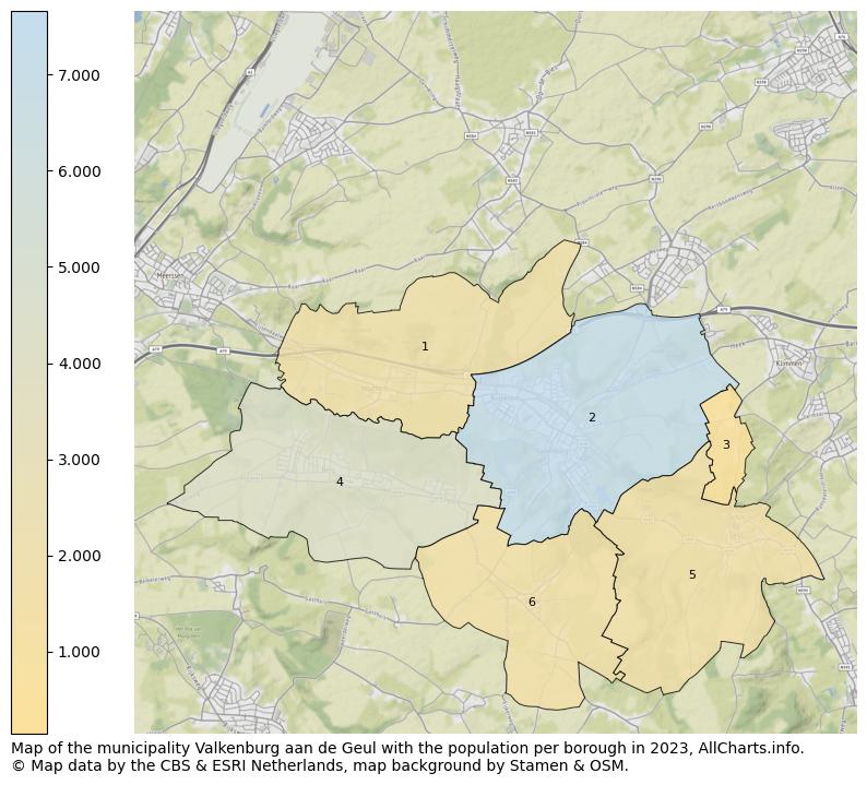 Map of the municipality Valkenburg aan de Geul with the population per borough in 2023. This page shows a lot of information about residents (such as the distribution by age groups, family composition, gender, native or Dutch with an immigration background, ...), homes (numbers, types, price development, use, type of property, ...) and more (car ownership, energy consumption, ...) based on open data from the Dutch Central Bureau of Statistics and various other sources!