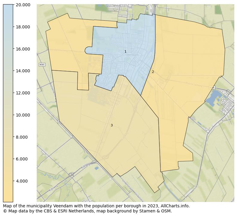 Map of the municipality Veendam with the population per borough in 2023. This page shows a lot of information about residents (such as the distribution by age groups, family composition, gender, native or Dutch with an immigration background, ...), homes (numbers, types, price development, use, type of property, ...) and more (car ownership, energy consumption, ...) based on open data from the Dutch Central Bureau of Statistics and various other sources!
