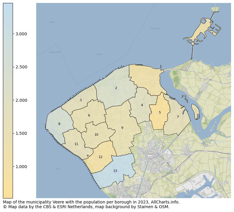 Map of the municipality Veere with the population per borough in 2023. This page shows a lot of information about residents (such as the distribution by age groups, family composition, gender, native or Dutch with an immigration background, ...), homes (numbers, types, price development, use, type of property, ...) and more (car ownership, energy consumption, ...) based on open data from the Dutch Central Bureau of Statistics and various other sources!