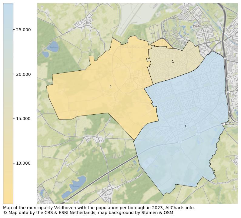 Map of the municipality Veldhoven with the population per borough in 2023. This page shows a lot of information about residents (such as the distribution by age groups, family composition, gender, native or Dutch with an immigration background, ...), homes (numbers, types, price development, use, type of property, ...) and more (car ownership, energy consumption, ...) based on open data from the Dutch Central Bureau of Statistics and various other sources!
