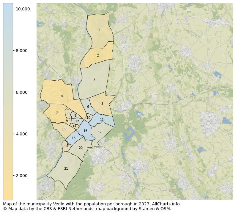 Map of the municipality Venlo with the population per borough in 2023. This page shows a lot of information about residents (such as the distribution by age groups, family composition, gender, native or Dutch with an immigration background, ...), homes (numbers, types, price development, use, type of property, ...) and more (car ownership, energy consumption, ...) based on open data from the Dutch Central Bureau of Statistics and various other sources!