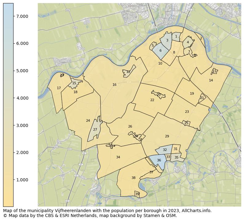 Map of the municipality Vijfheerenlanden with the population per borough in 2023. This page shows a lot of information about residents (such as the distribution by age groups, family composition, gender, native or Dutch with an immigration background, ...), homes (numbers, types, price development, use, type of property, ...) and more (car ownership, energy consumption, ...) based on open data from the Dutch Central Bureau of Statistics and various other sources!