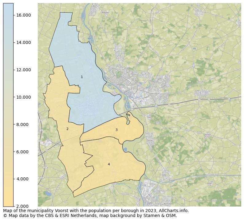 Map of the municipality Voorst with the population per borough in 2023. This page shows a lot of information about residents (such as the distribution by age groups, family composition, gender, native or Dutch with an immigration background, ...), homes (numbers, types, price development, use, type of property, ...) and more (car ownership, energy consumption, ...) based on open data from the Dutch Central Bureau of Statistics and various other sources!