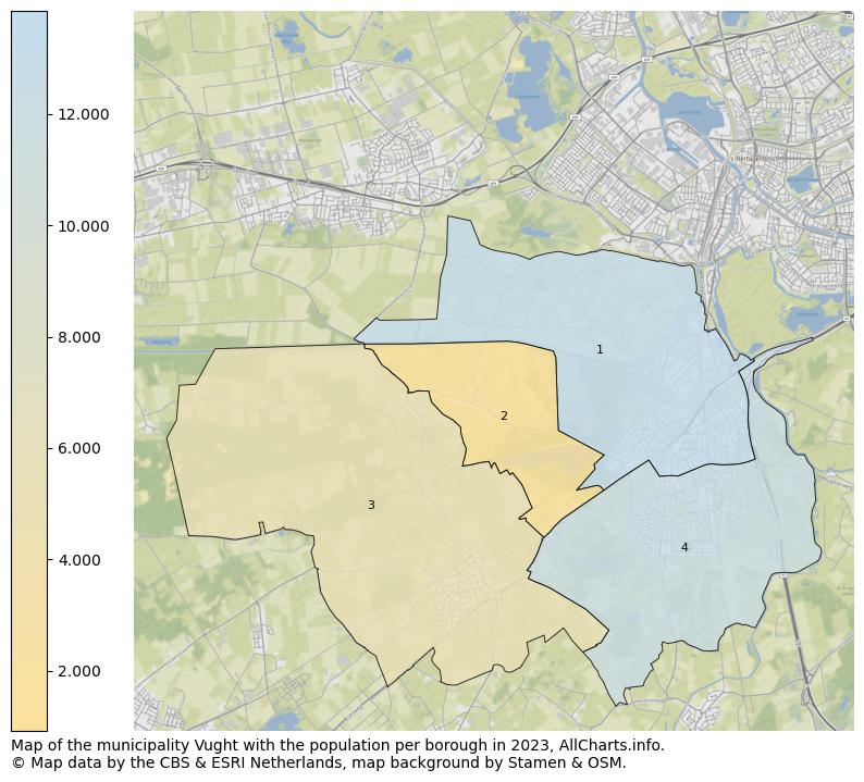 Map of the municipality Vught with the population per borough in 2023. This page shows a lot of information about residents (such as the distribution by age groups, family composition, gender, native or Dutch with an immigration background, ...), homes (numbers, types, price development, use, type of property, ...) and more (car ownership, energy consumption, ...) based on open data from the Dutch Central Bureau of Statistics and various other sources!