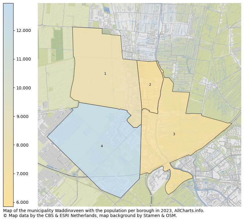 Map of the municipality Waddinxveen with the population per borough in 2023. This page shows a lot of information about residents (such as the distribution by age groups, family composition, gender, native or Dutch with an immigration background, ...), homes (numbers, types, price development, use, type of property, ...) and more (car ownership, energy consumption, ...) based on open data from the Dutch Central Bureau of Statistics and various other sources!