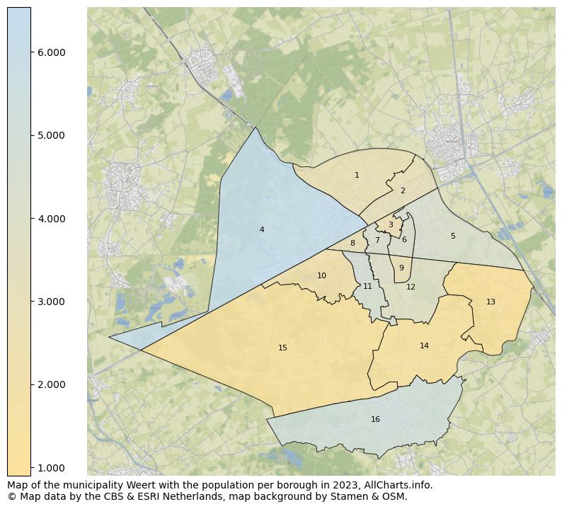 Map of the municipality Weert with the population per borough in 2023. This page shows a lot of information about residents (such as the distribution by age groups, family composition, gender, native or Dutch with an immigration background, ...), homes (numbers, types, price development, use, type of property, ...) and more (car ownership, energy consumption, ...) based on open data from the Dutch Central Bureau of Statistics and various other sources!