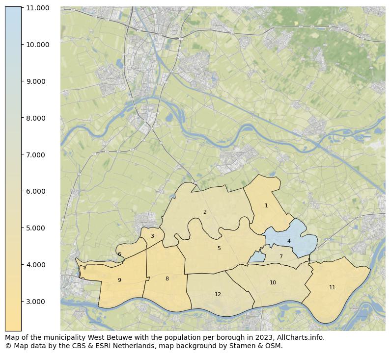 Map of the municipality West Betuwe with the population per borough in 2023. This page shows a lot of information about residents (such as the distribution by age groups, family composition, gender, native or Dutch with an immigration background, ...), homes (numbers, types, price development, use, type of property, ...) and more (car ownership, energy consumption, ...) based on open data from the Dutch Central Bureau of Statistics and various other sources!