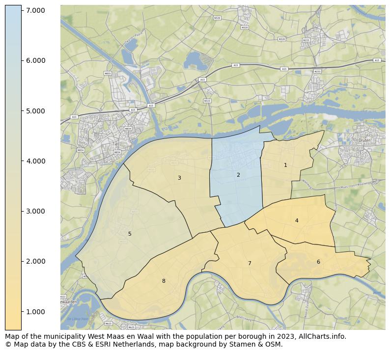 Map of the municipality West Maas en Waal with the population per borough in 2023. This page shows a lot of information about residents (such as the distribution by age groups, family composition, gender, native or Dutch with an immigration background, ...), homes (numbers, types, price development, use, type of property, ...) and more (car ownership, energy consumption, ...) based on open data from the Dutch Central Bureau of Statistics and various other sources!