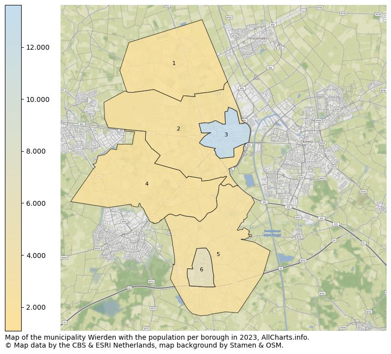 Map of the municipality Wierden with the population per borough in 2023. This page shows a lot of information about residents (such as the distribution by age groups, family composition, gender, native or Dutch with an immigration background, ...), homes (numbers, types, price development, use, type of property, ...) and more (car ownership, energy consumption, ...) based on open data from the Dutch Central Bureau of Statistics and various other sources!