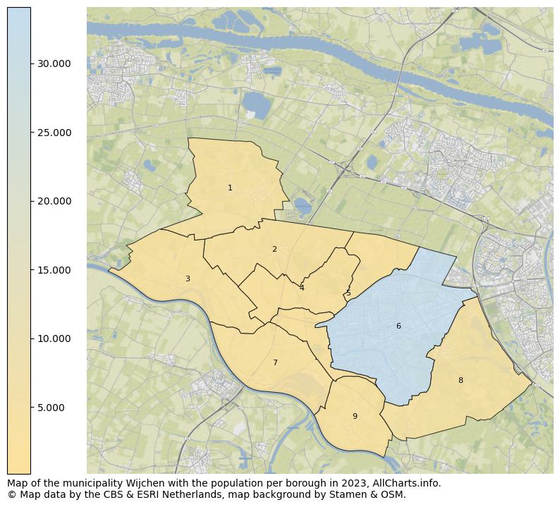 Map of the municipality Wijchen with the population per borough in 2023. This page shows a lot of information about residents (such as the distribution by age groups, family composition, gender, native or Dutch with an immigration background, ...), homes (numbers, types, price development, use, type of property, ...) and more (car ownership, energy consumption, ...) based on open data from the Dutch Central Bureau of Statistics and various other sources!