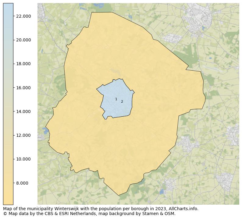 Map of the municipality Winterswijk with the population per borough in 2023. This page shows a lot of information about residents (such as the distribution by age groups, family composition, gender, native or Dutch with an immigration background, ...), homes (numbers, types, price development, use, type of property, ...) and more (car ownership, energy consumption, ...) based on open data from the Dutch Central Bureau of Statistics and various other sources!