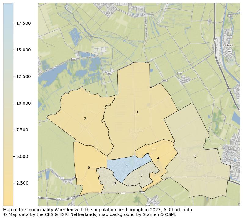 Map of the municipality Woerden with the population per borough in 2023. This page shows a lot of information about residents (such as the distribution by age groups, family composition, gender, native or Dutch with an immigration background, ...), homes (numbers, types, price development, use, type of property, ...) and more (car ownership, energy consumption, ...) based on open data from the Dutch Central Bureau of Statistics and various other sources!