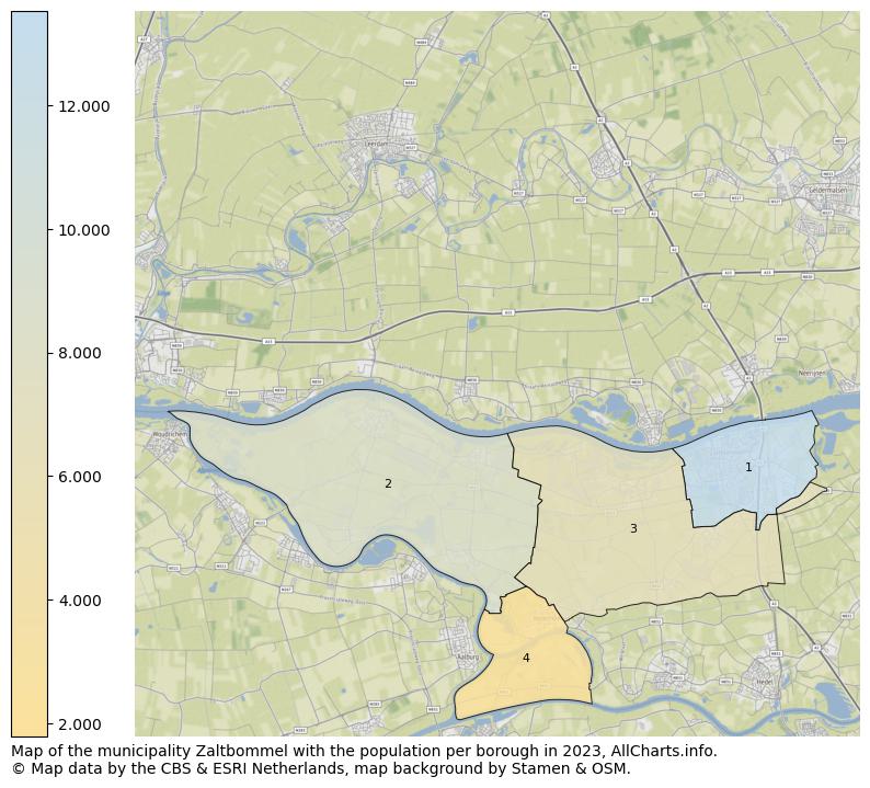Map of the municipality Zaltbommel with the population per borough in 2023. This page shows a lot of information about residents (such as the distribution by age groups, family composition, gender, native or Dutch with an immigration background, ...), homes (numbers, types, price development, use, type of property, ...) and more (car ownership, energy consumption, ...) based on open data from the Dutch Central Bureau of Statistics and various other sources!