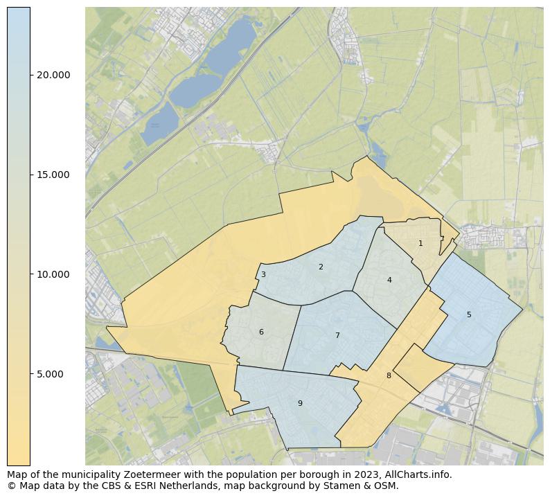 Map of the municipality Zoetermeer with the population per borough in 2023. This page shows a lot of information about residents (such as the distribution by age groups, family composition, gender, native or Dutch with an immigration background, ...), homes (numbers, types, price development, use, type of property, ...) and more (car ownership, energy consumption, ...) based on open data from the Dutch Central Bureau of Statistics and various other sources!