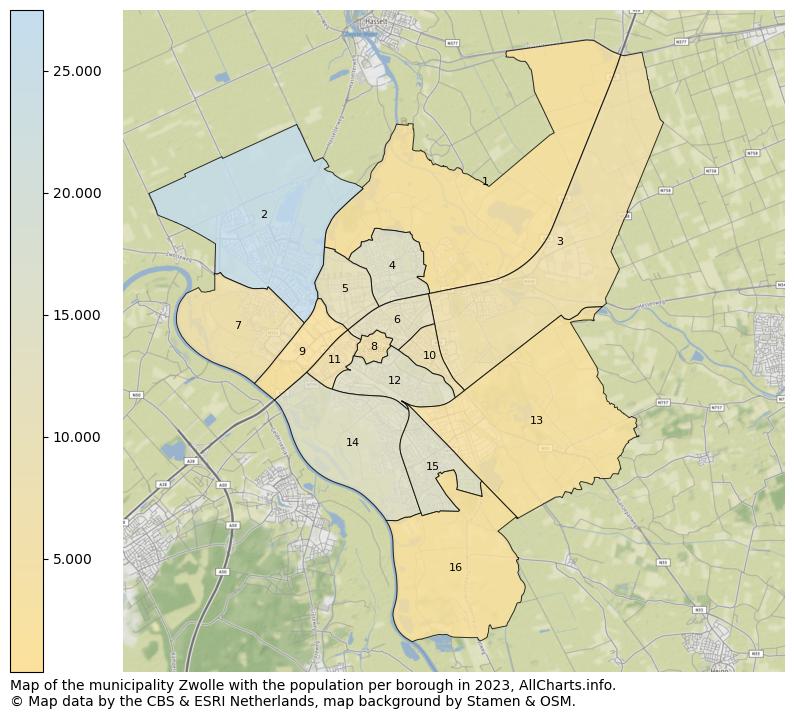 Map of the municipality Zwolle with the population per borough in 2023. This page shows a lot of information about residents (such as the distribution by age groups, family composition, gender, native or Dutch with an immigration background, ...), homes (numbers, types, price development, use, type of property, ...) and more (car ownership, energy consumption, ...) based on open data from the Dutch Central Bureau of Statistics and various other sources!