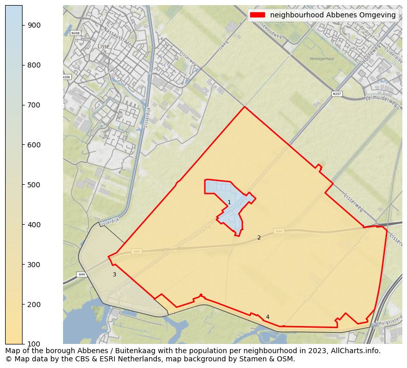 Map of the borough Abbenes / Buitenkaag with the population per neighbourhood in 2023. This page shows a lot of information about residents (such as the distribution by age groups, family composition, gender, native or Dutch with an immigration background, ...), homes (numbers, types, price development, use, type of property, ...) and more (car ownership, energy consumption, ...) based on open data from the Dutch Central Bureau of Statistics and various other sources!