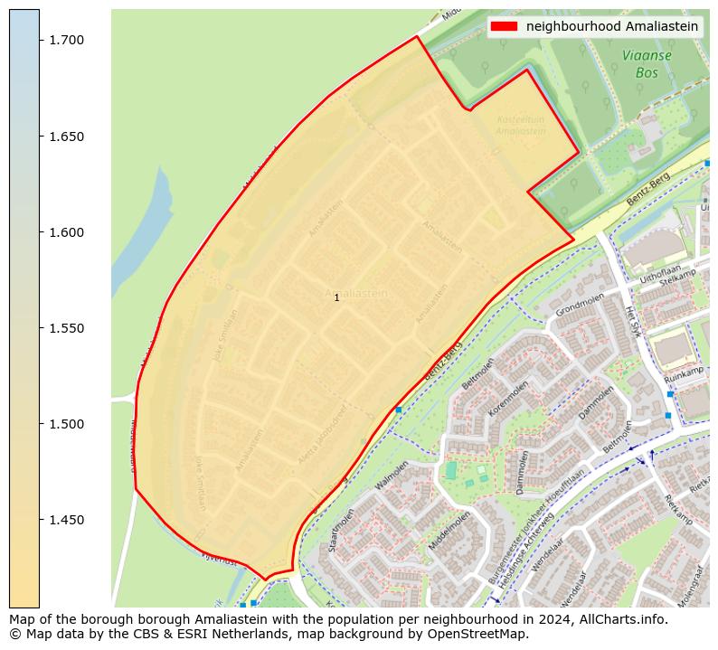 Image of the neighbourhood Amaliastein at the map. This image is used as introduction to this page. This page shows a lot of information about the population in the neighbourhood Amaliastein (such as the distribution by age groups of the residents, the composition of households, whether inhabitants are natives or Dutch with an immigration background, data about the houses (numbers, types, price development, use, type of property, ...) and more (car ownership, energy consumption, ...) based on open data from the Dutch Central Bureau of Statistics and various other sources!