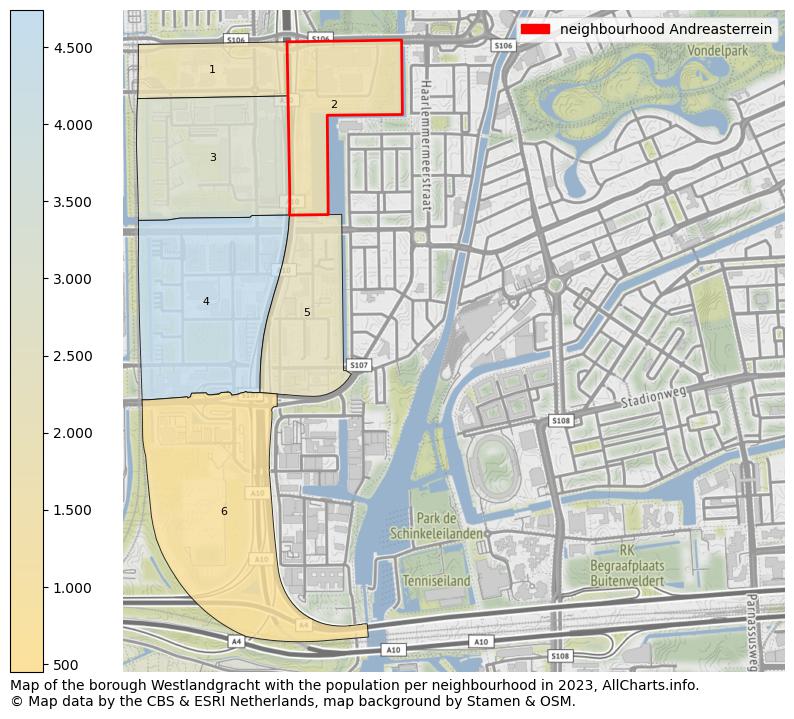 Map of the borough Westlandgracht with the population per neighbourhood in 2023. This page shows a lot of information about residents (such as the distribution by age groups, family composition, gender, native or Dutch with an immigration background, ...), homes (numbers, types, price development, use, type of property, ...) and more (car ownership, energy consumption, ...) based on open data from the Dutch Central Bureau of Statistics and various other sources!