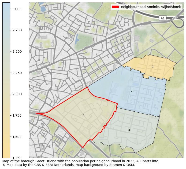 Map of the borough Groot Driene with the population per neighbourhood in 2023. This page shows a lot of information about residents (such as the distribution by age groups, family composition, gender, native or Dutch with an immigration background, ...), homes (numbers, types, price development, use, type of property, ...) and more (car ownership, energy consumption, ...) based on open data from the Dutch Central Bureau of Statistics and various other sources!