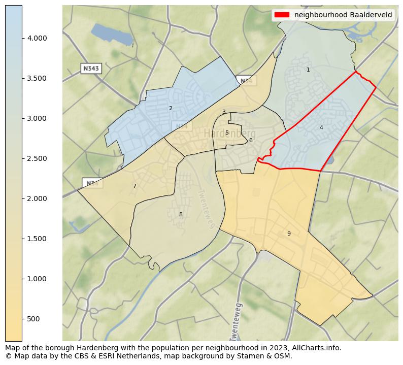 Map of the borough Hardenberg with the population per neighbourhood in 2023. This page shows a lot of information about residents (such as the distribution by age groups, family composition, gender, native or Dutch with an immigration background, ...), homes (numbers, types, price development, use, type of property, ...) and more (car ownership, energy consumption, ...) based on open data from the Dutch Central Bureau of Statistics and various other sources!