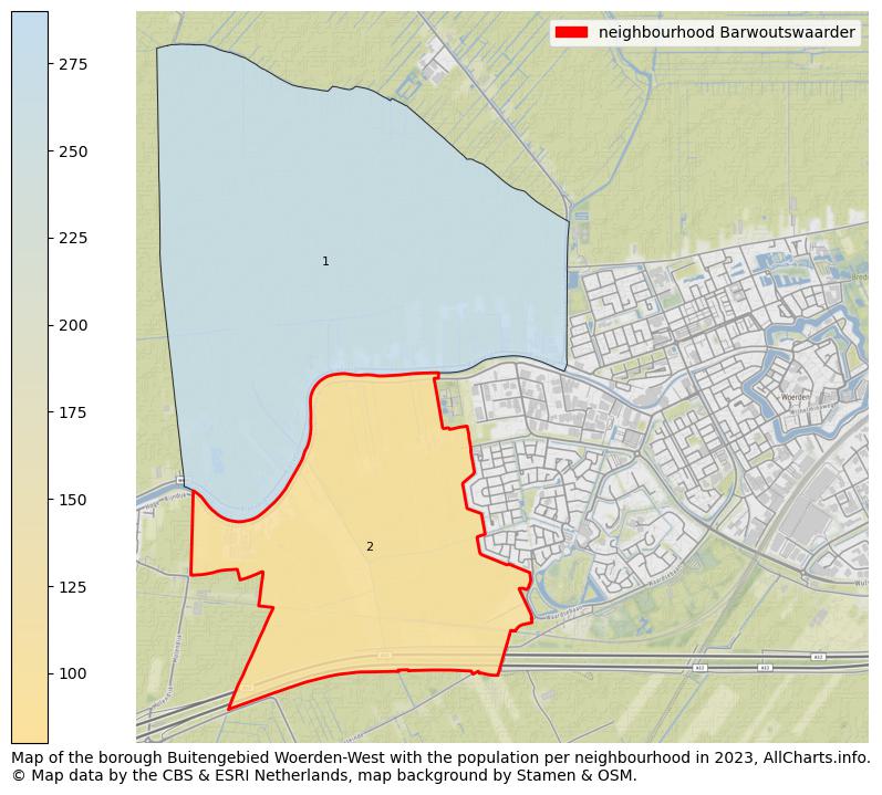 Map of the borough Buitengebied Woerden-West with the population per neighbourhood in 2023. This page shows a lot of information about residents (such as the distribution by age groups, family composition, gender, native or Dutch with an immigration background, ...), homes (numbers, types, price development, use, type of property, ...) and more (car ownership, energy consumption, ...) based on open data from the Dutch Central Bureau of Statistics and various other sources!