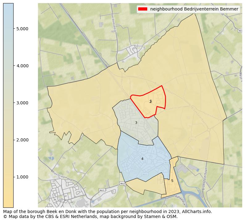 Map of the borough Beek en Donk with the population per neighbourhood in 2023. This page shows a lot of information about residents (such as the distribution by age groups, family composition, gender, native or Dutch with an immigration background, ...), homes (numbers, types, price development, use, type of property, ...) and more (car ownership, energy consumption, ...) based on open data from the Dutch Central Bureau of Statistics and various other sources!