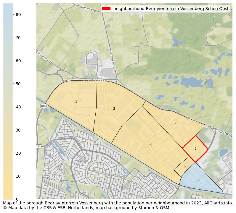 Map of the borough Bedrijventerrein Vossenberg with the population per neighbourhood in 2023. This page shows a lot of information about residents (such as the distribution by age groups, family composition, gender, native or Dutch with an immigration background, ...), homes (numbers, types, price development, use, type of property, ...) and more (car ownership, energy consumption, ...) based on open data from the Dutch Central Bureau of Statistics and various other sources!