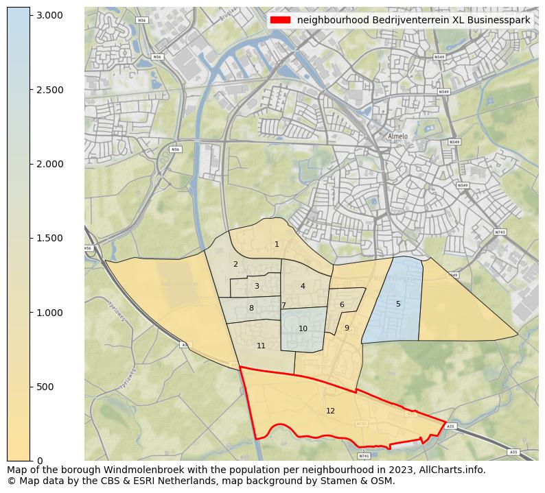 Map of the borough Windmolenbroek with the population per neighbourhood in 2023. This page shows a lot of information about residents (such as the distribution by age groups, family composition, gender, native or Dutch with an immigration background, ...), homes (numbers, types, price development, use, type of property, ...) and more (car ownership, energy consumption, ...) based on open data from the Dutch Central Bureau of Statistics and various other sources!
