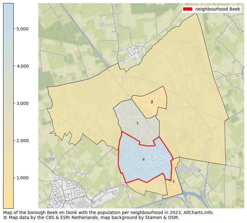 Map of the borough Beek en Donk with the population per neighbourhood in 2023. This page shows a lot of information about residents (such as the distribution by age groups, family composition, gender, native or Dutch with an immigration background, ...), homes (numbers, types, price development, use, type of property, ...) and more (car ownership, energy consumption, ...) based on open data from the Dutch Central Bureau of Statistics and various other sources!
