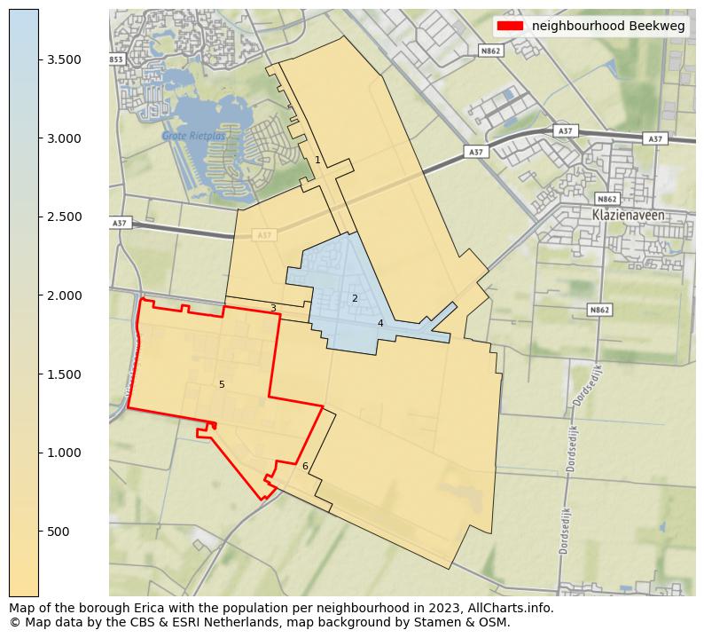 Map of the borough Erica with the population per neighbourhood in 2023. This page shows a lot of information about residents (such as the distribution by age groups, family composition, gender, native or Dutch with an immigration background, ...), homes (numbers, types, price development, use, type of property, ...) and more (car ownership, energy consumption, ...) based on open data from the Dutch Central Bureau of Statistics and various other sources!
