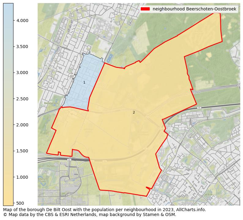 Map of the borough De Bilt Oost with the population per neighbourhood in 2023. This page shows a lot of information about residents (such as the distribution by age groups, family composition, gender, native or Dutch with an immigration background, ...), homes (numbers, types, price development, use, type of property, ...) and more (car ownership, energy consumption, ...) based on open data from the Dutch Central Bureau of Statistics and various other sources!