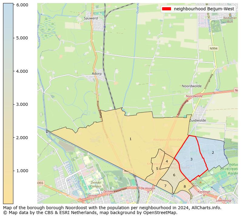 Image of the neighbourhood Beijum-West at the map. This image is used as introduction to this page. This page shows a lot of information about the population in the neighbourhood Beijum-West (such as the distribution by age groups of the residents, the composition of households, whether inhabitants are natives or Dutch with an immigration background, data about the houses (numbers, types, price development, use, type of property, ...) and more (car ownership, energy consumption, ...) based on open data from the Dutch Central Bureau of Statistics and various other sources!