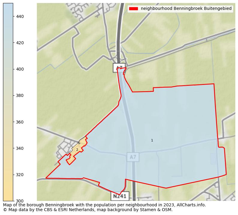 Map of the borough Benningbroek with the population per neighbourhood in 2023. This page shows a lot of information about residents (such as the distribution by age groups, family composition, gender, native or Dutch with an immigration background, ...), homes (numbers, types, price development, use, type of property, ...) and more (car ownership, energy consumption, ...) based on open data from the Dutch Central Bureau of Statistics and various other sources!