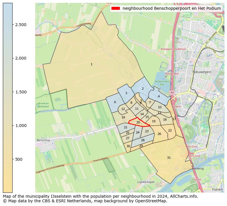 Image of the neighbourhood Benschopperpoort en Het Podium at the map. This image is used as introduction to this page. This page shows a lot of information about the population in the neighbourhood Benschopperpoort en Het Podium (such as the distribution by age groups of the residents, the composition of households, whether inhabitants are natives or Dutch with an immigration background, data about the houses (numbers, types, price development, use, type of property, ...) and more (car ownership, energy consumption, ...) based on open data from the Dutch Central Bureau of Statistics and various other sources!