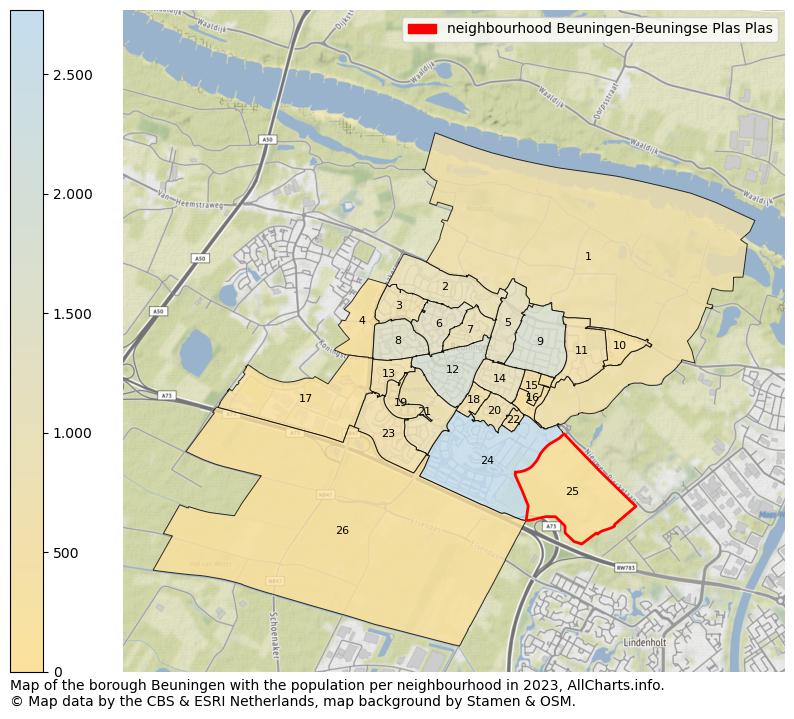 Map of the borough Beuningen with the population per neighbourhood in 2023. This page shows a lot of information about residents (such as the distribution by age groups, family composition, gender, native or Dutch with an immigration background, ...), homes (numbers, types, price development, use, type of property, ...) and more (car ownership, energy consumption, ...) based on open data from the Dutch Central Bureau of Statistics and various other sources!