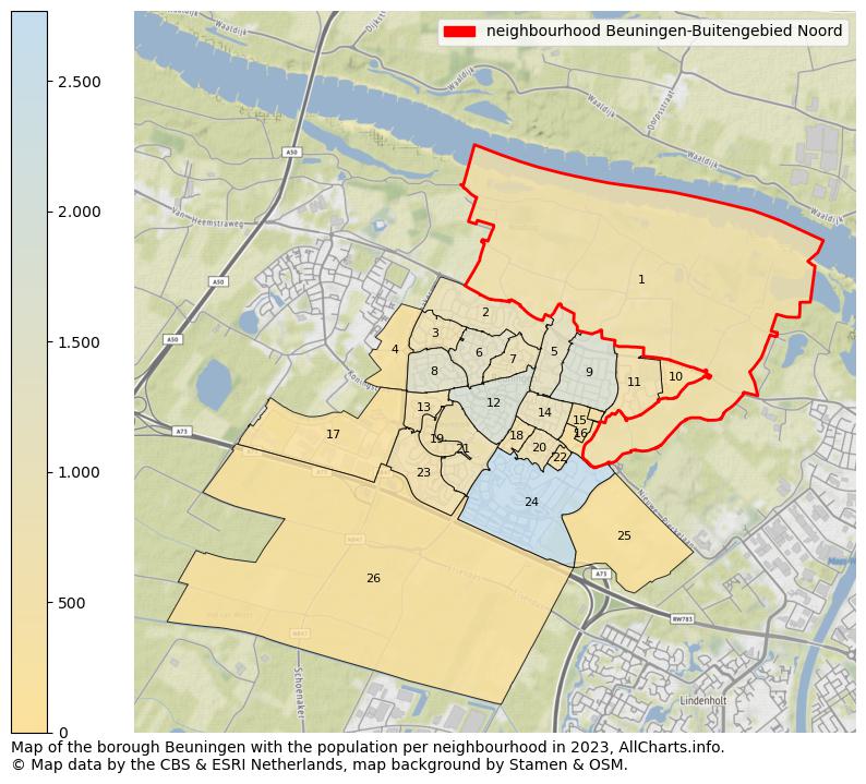 Map of the borough Beuningen with the population per neighbourhood in 2021. This page shows a lot of information about residents (such as the distribution by age groups, family composition, gender, native or Dutch with an immigration background, ...), homes (numbers, types, price development, use, type of property, ...) and more (car ownership, energy consumption, ...) based on open data from the Dutch Central Bureau of Statistics and various other sources!