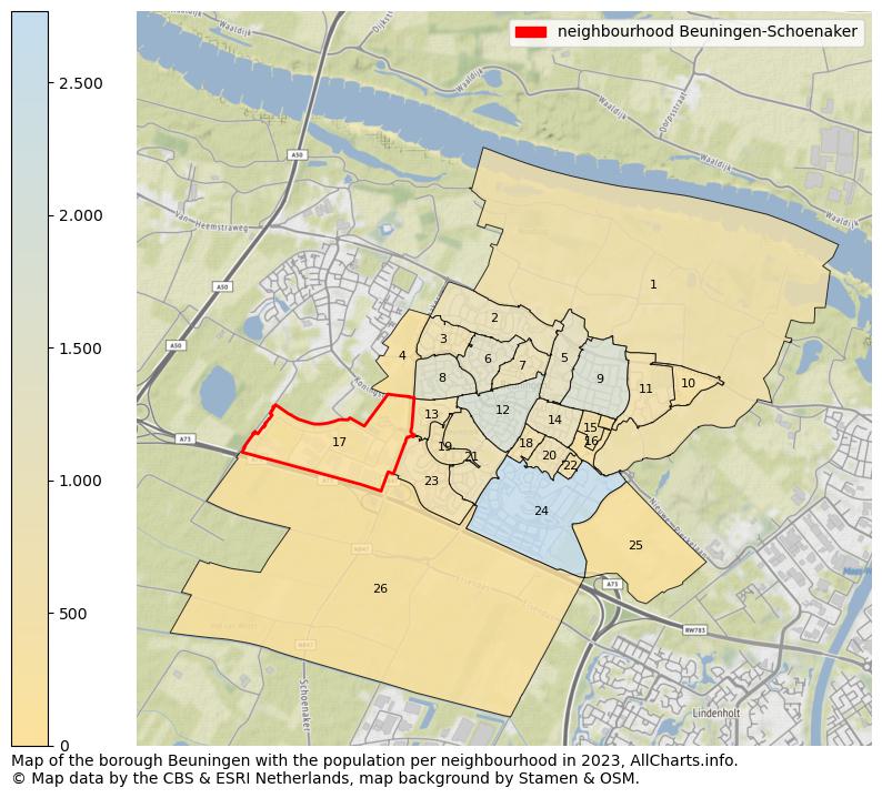 Map of the borough Beuningen with the population per neighbourhood in 2023. This page shows a lot of information about residents (such as the distribution by age groups, family composition, gender, native or Dutch with an immigration background, ...), homes (numbers, types, price development, use, type of property, ...) and more (car ownership, energy consumption, ...) based on open data from the Dutch Central Bureau of Statistics and various other sources!