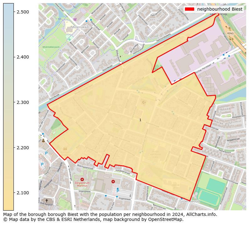 Image of the neighbourhood Biest at the map. This image is used as introduction to this page. This page shows a lot of information about the population in the neighbourhood Biest (such as the distribution by age groups of the residents, the composition of households, whether inhabitants are natives or Dutch with an immigration background, data about the houses (numbers, types, price development, use, type of property, ...) and more (car ownership, energy consumption, ...) based on open data from the Dutch Central Bureau of Statistics and various other sources!