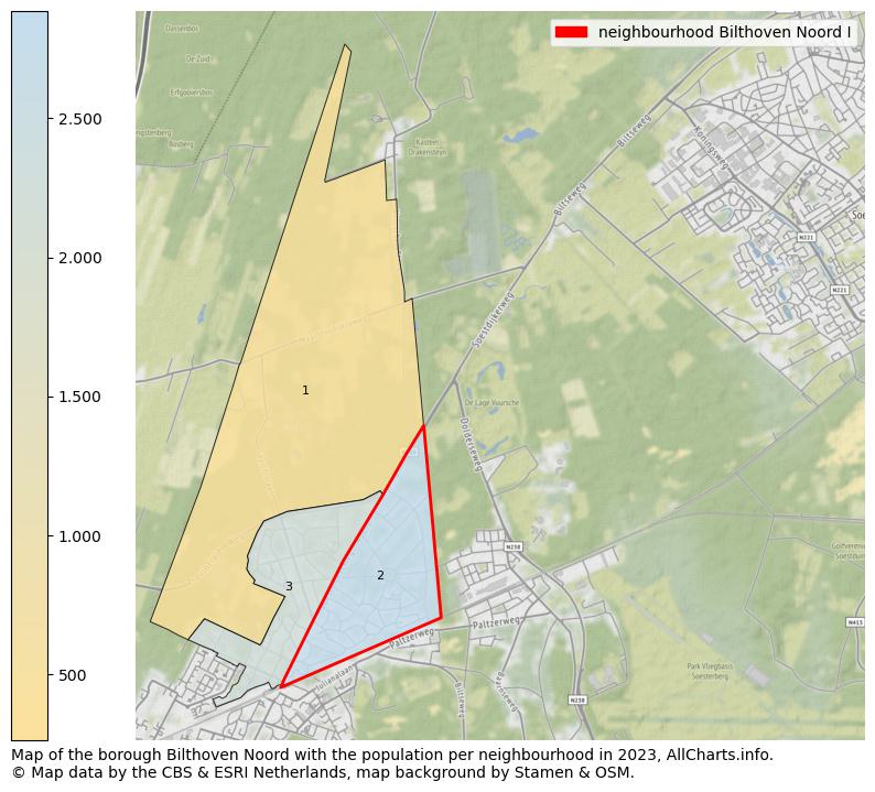 Map of the borough Bilthoven Noord with the population per neighbourhood in 2023. This page shows a lot of information about residents (such as the distribution by age groups, family composition, gender, native or Dutch with an immigration background, ...), homes (numbers, types, price development, use, type of property, ...) and more (car ownership, energy consumption, ...) based on open data from the Dutch Central Bureau of Statistics and various other sources!