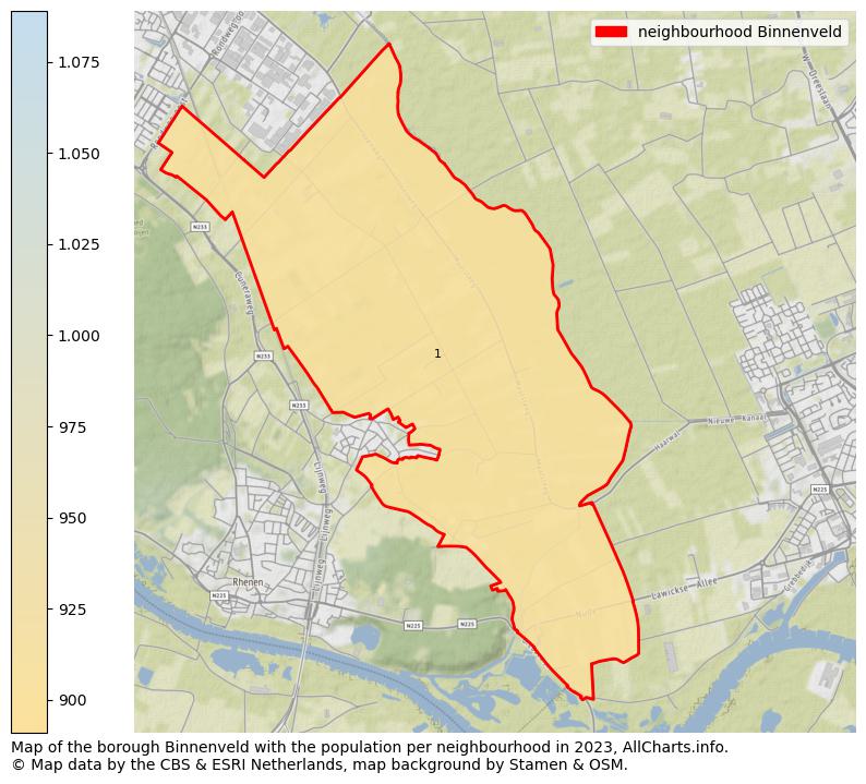 Map of the borough Binnenveld with the population per neighbourhood in 2023. This page shows a lot of information about residents (such as the distribution by age groups, family composition, gender, native or Dutch with an immigration background, ...), homes (numbers, types, price development, use, type of property, ...) and more (car ownership, energy consumption, ...) based on open data from the Dutch Central Bureau of Statistics and various other sources!