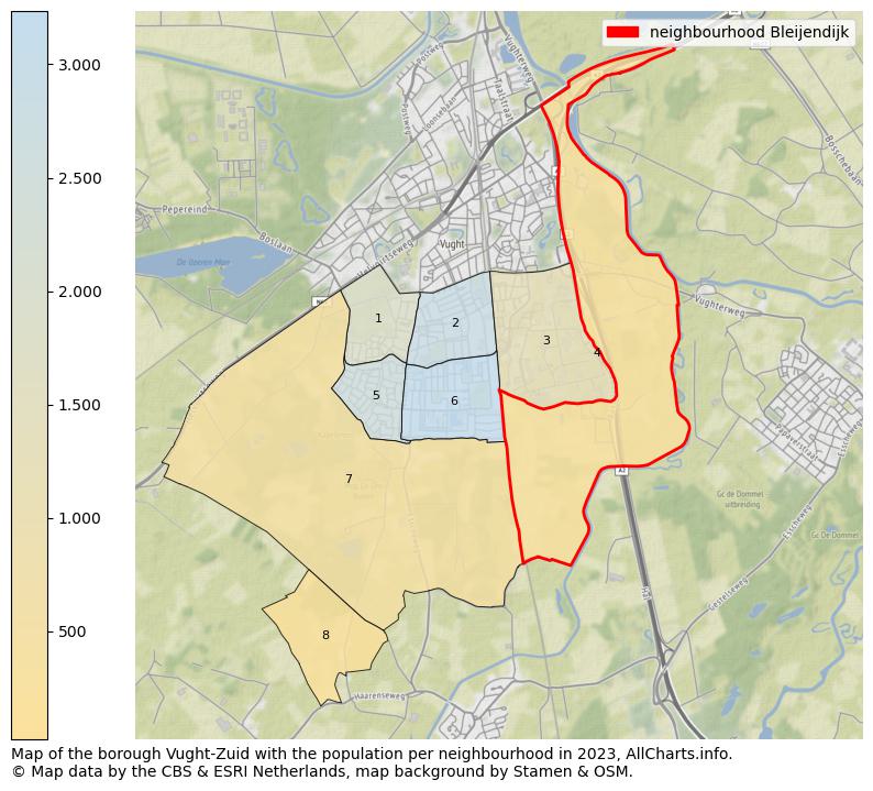 Map of the borough Vught-Zuid with the population per neighbourhood in 2023. This page shows a lot of information about residents (such as the distribution by age groups, family composition, gender, native or Dutch with an immigration background, ...), homes (numbers, types, price development, use, type of property, ...) and more (car ownership, energy consumption, ...) based on open data from the Dutch Central Bureau of Statistics and various other sources!