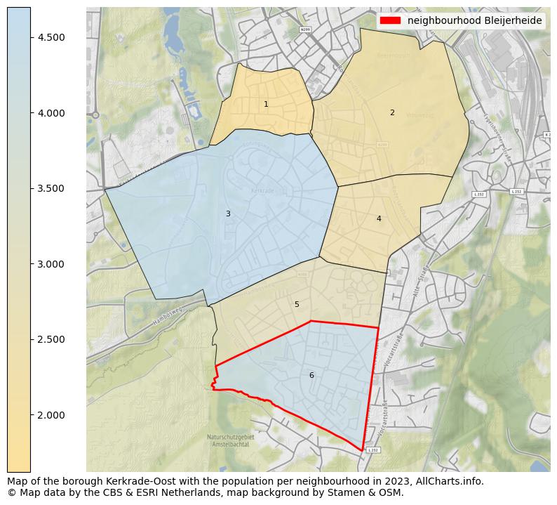 Map of the borough Kerkrade-Oost with the population per neighbourhood in 2023. This page shows a lot of information about residents (such as the distribution by age groups, family composition, gender, native or Dutch with an immigration background, ...), homes (numbers, types, price development, use, type of property, ...) and more (car ownership, energy consumption, ...) based on open data from the Dutch Central Bureau of Statistics and various other sources!