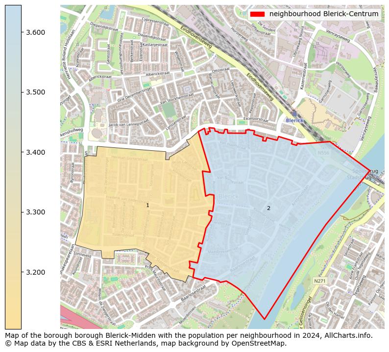 Image of the neighbourhood Blerick-Centrum at the map. This image is used as introduction to this page. This page shows a lot of information about the population in the neighbourhood Blerick-Centrum (such as the distribution by age groups of the residents, the composition of households, whether inhabitants are natives or Dutch with an immigration background, data about the houses (numbers, types, price development, use, type of property, ...) and more (car ownership, energy consumption, ...) based on open data from the Dutch Central Bureau of Statistics and various other sources!