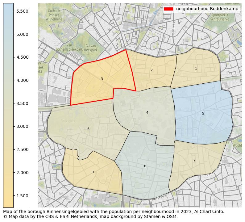 Map of the borough Binnensingelgebied with the population per neighbourhood in 2023. This page shows a lot of information about residents (such as the distribution by age groups, family composition, gender, native or Dutch with an immigration background, ...), homes (numbers, types, price development, use, type of property, ...) and more (car ownership, energy consumption, ...) based on open data from the Dutch Central Bureau of Statistics and various other sources!