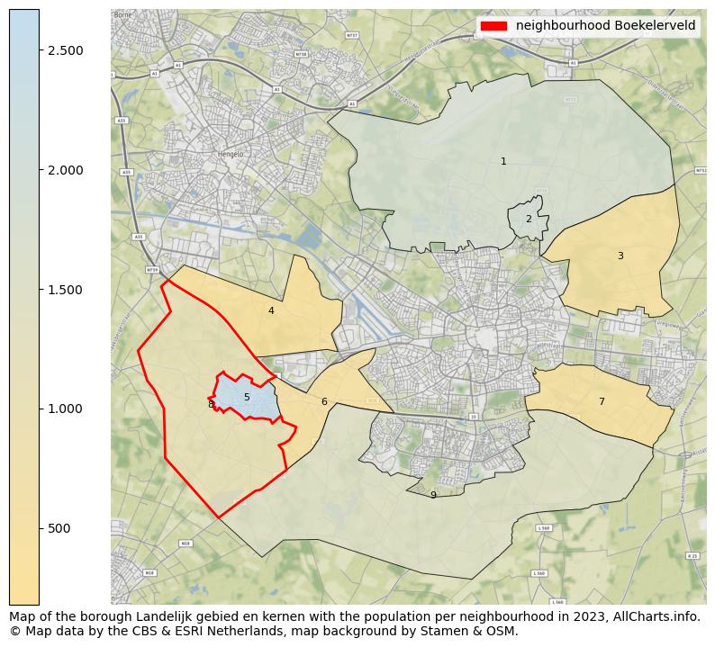Map of the borough Landelijk gebied en kernen with the population per neighbourhood in 2023. This page shows a lot of information about residents (such as the distribution by age groups, family composition, gender, native or Dutch with an immigration background, ...), homes (numbers, types, price development, use, type of property, ...) and more (car ownership, energy consumption, ...) based on open data from the Dutch Central Bureau of Statistics and various other sources!